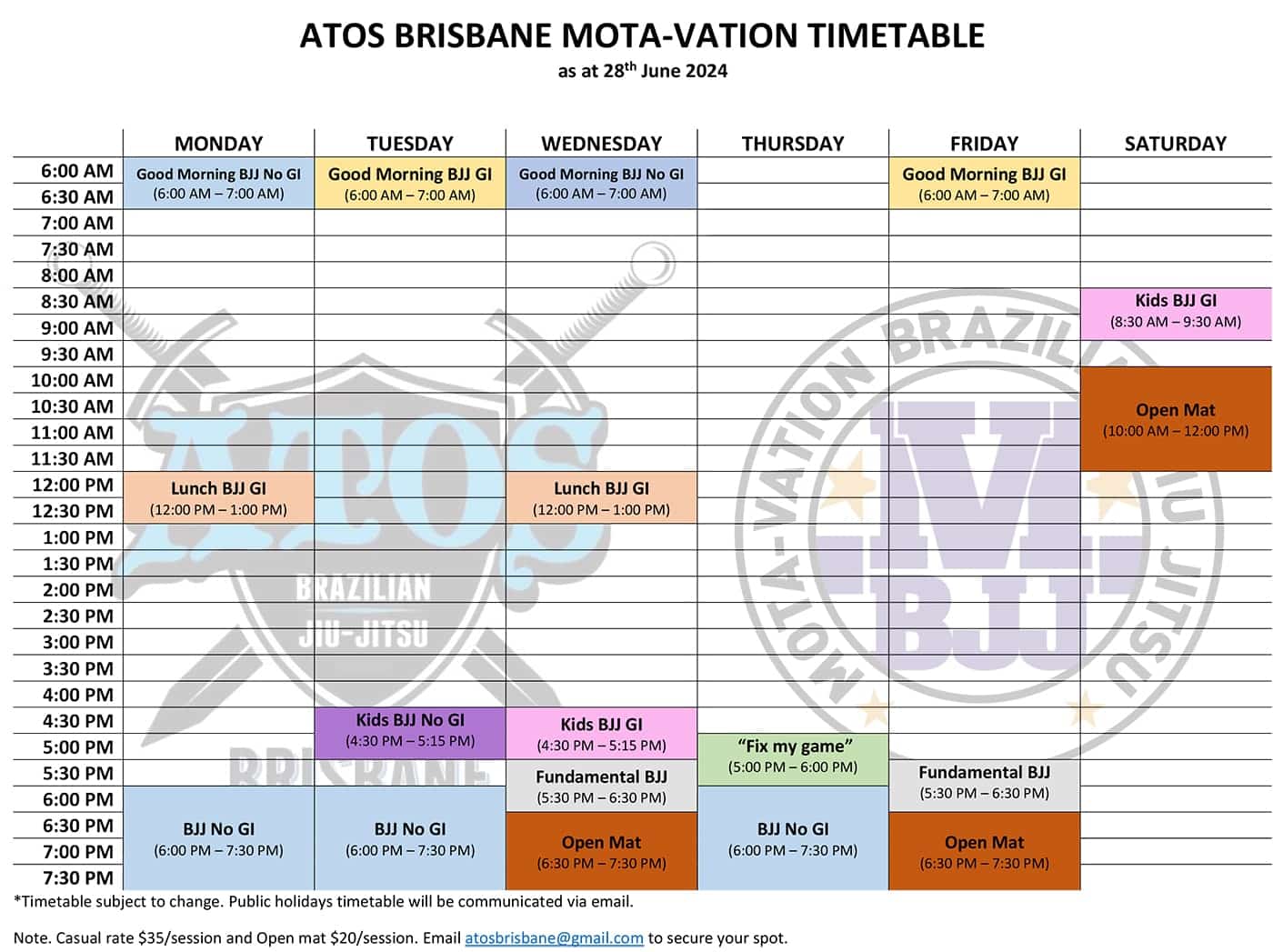 Atos Brisbane timetable and membership June 2024